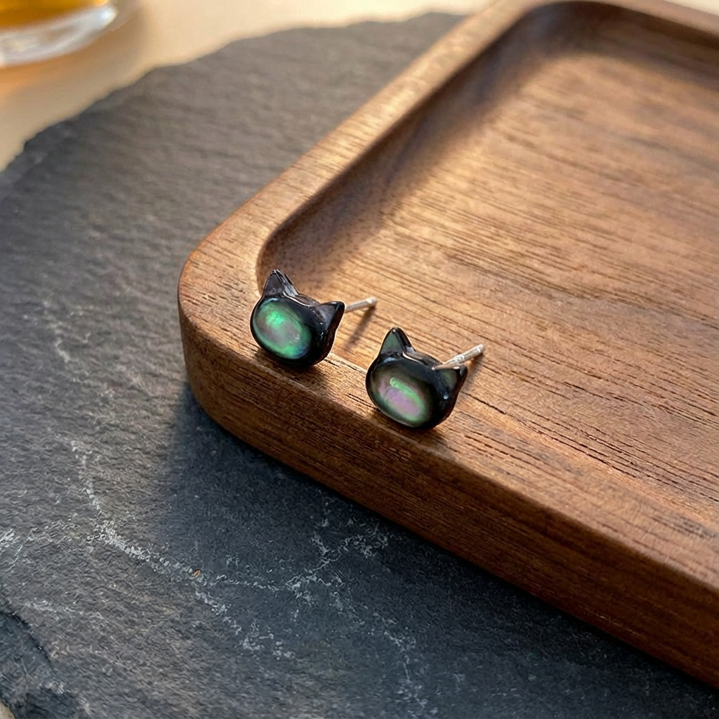 Luna & Shadow Cat Stud Earrings - Natural Mother of Pearl